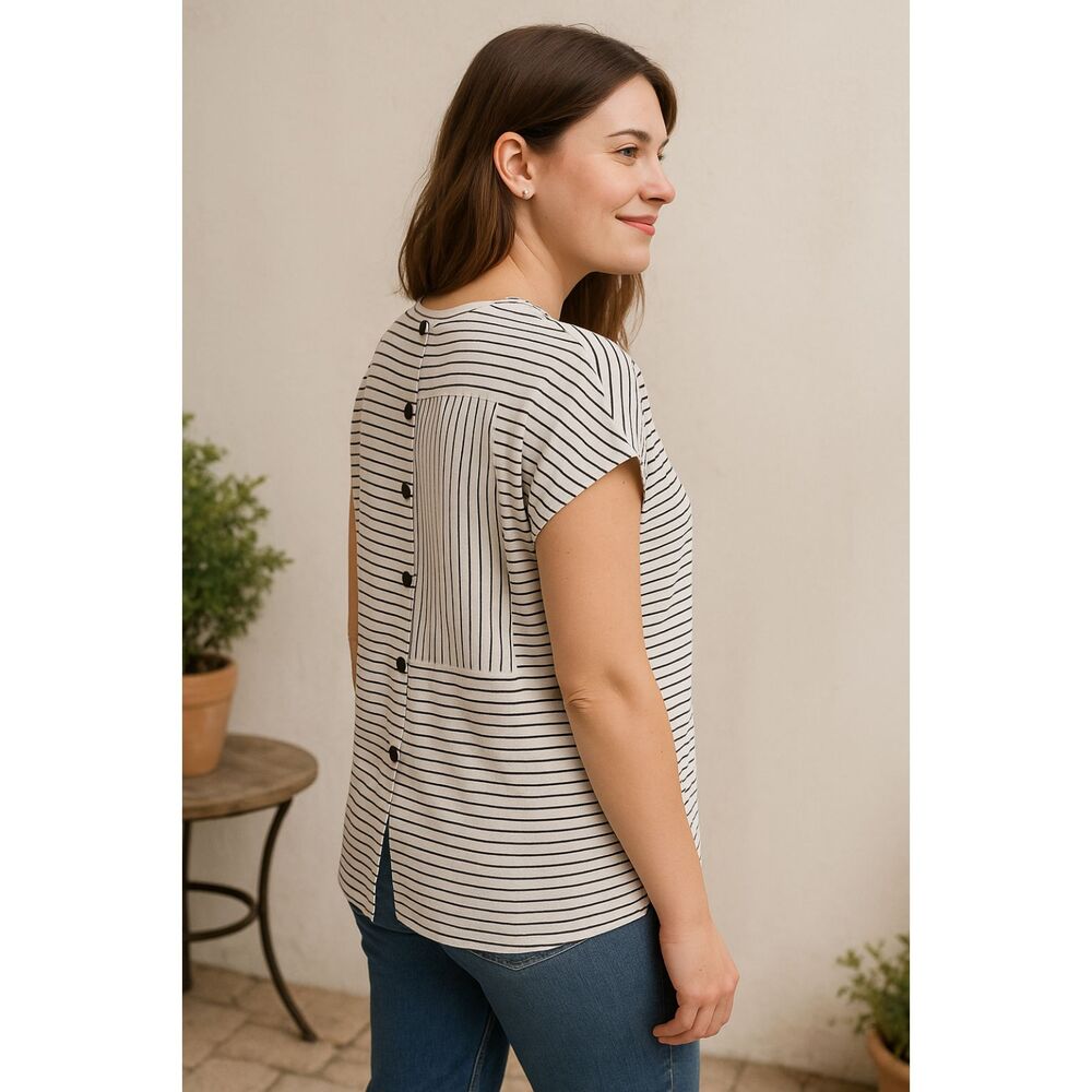 J. Jill Wearever Top S Striped Button Back Cap Sleeve Minimalist Normcore Casual